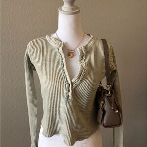 Free People Olive Sage Ruffle V-Neck Waffle Knit Long Sleeve Top